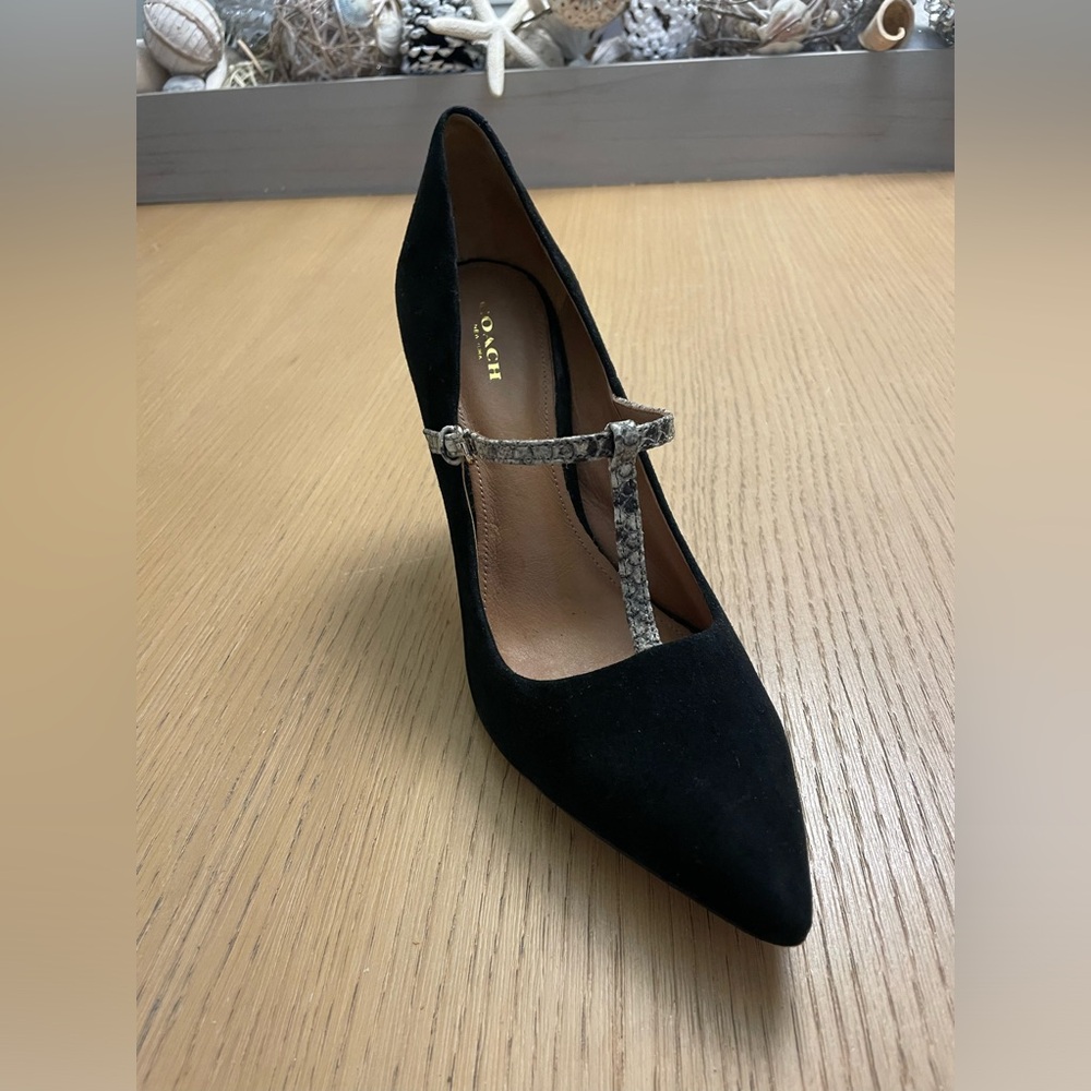 COACH FULTON Black Suede Snakeskin T-Strap Stiletto Pumps Size 11 B - Picture 5 of 12